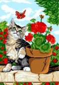 канва с рисунком "котик и герань" к-5004